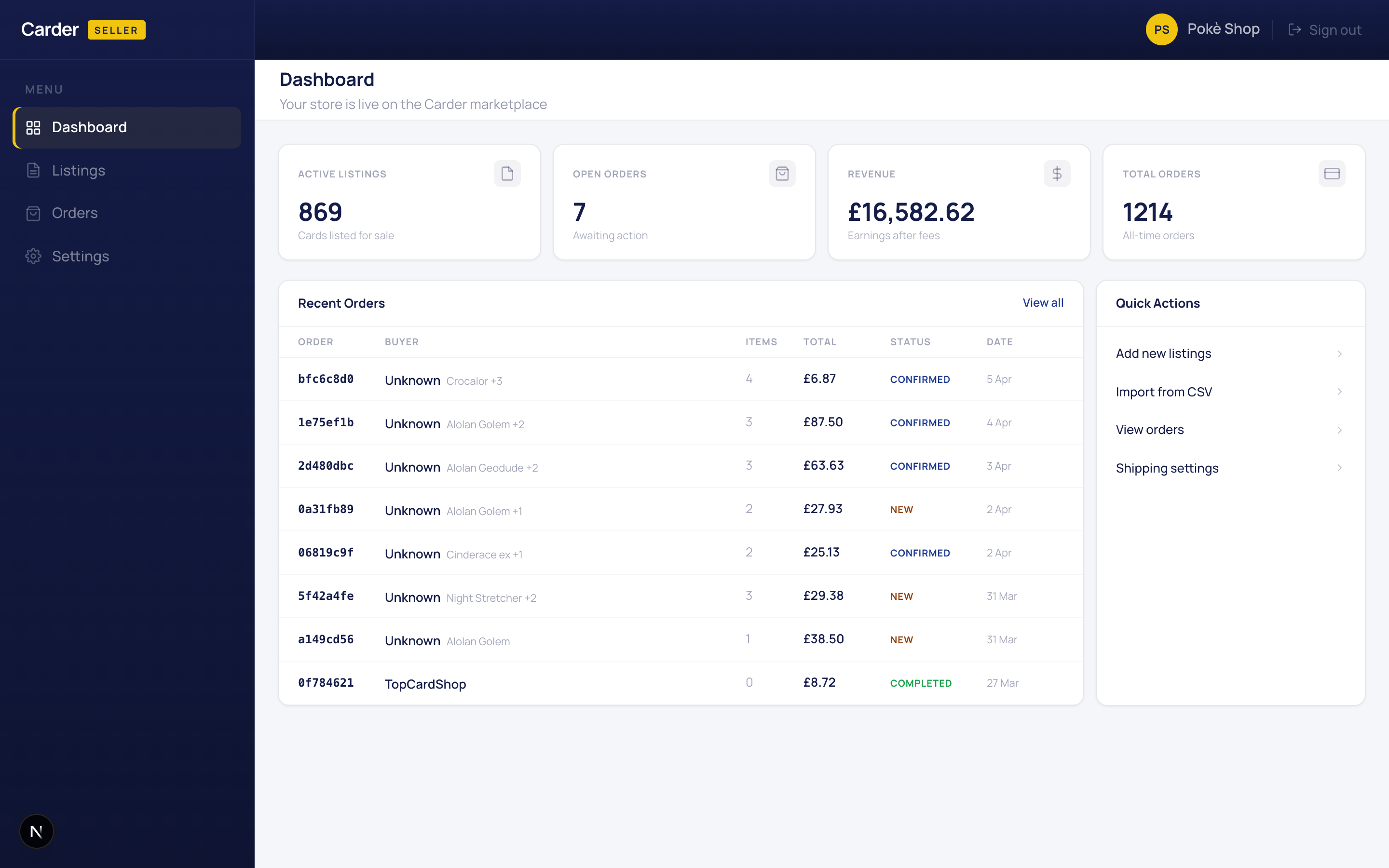 Carder Power Seller Dashboard — listings, orders, stats at a glance