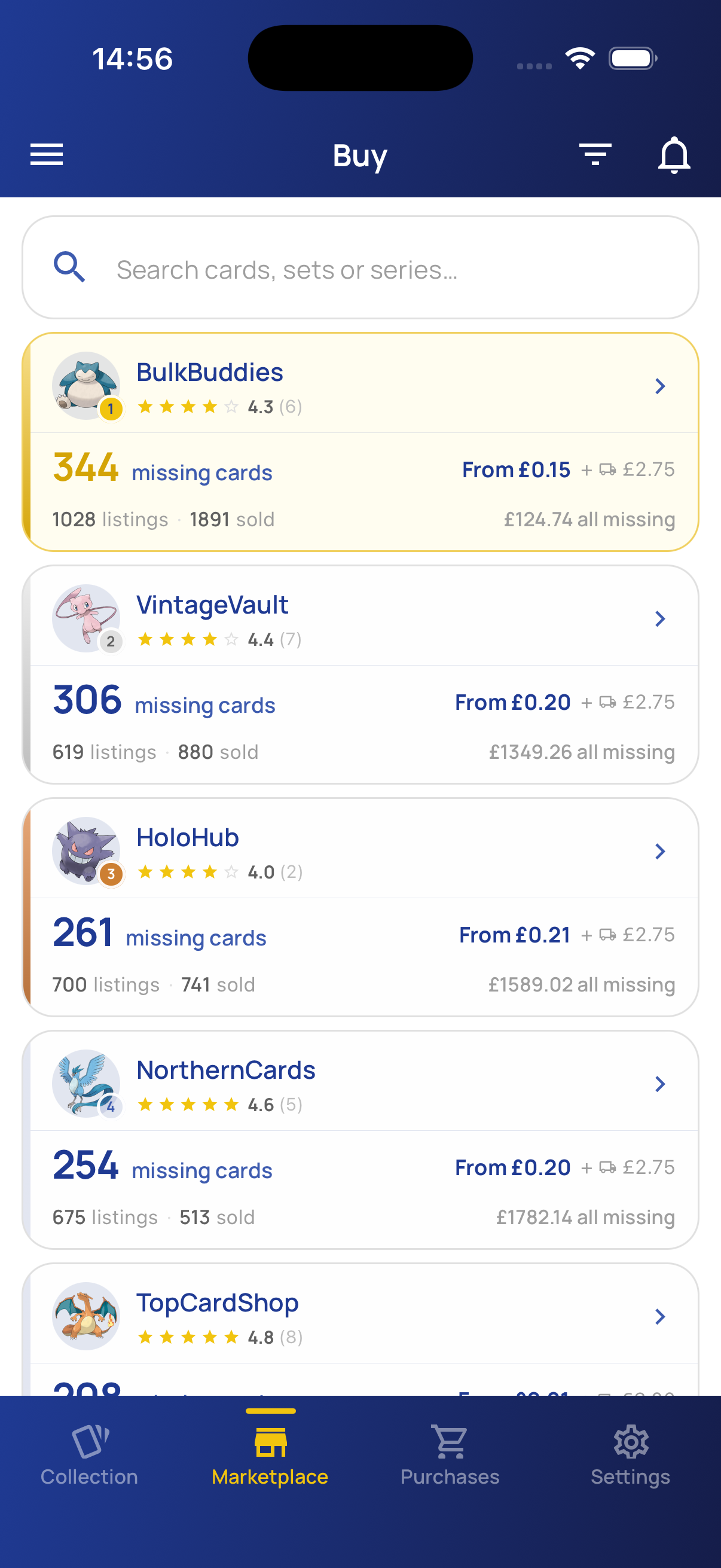 Marketplace — sellers ranked by your missing cards, with filters