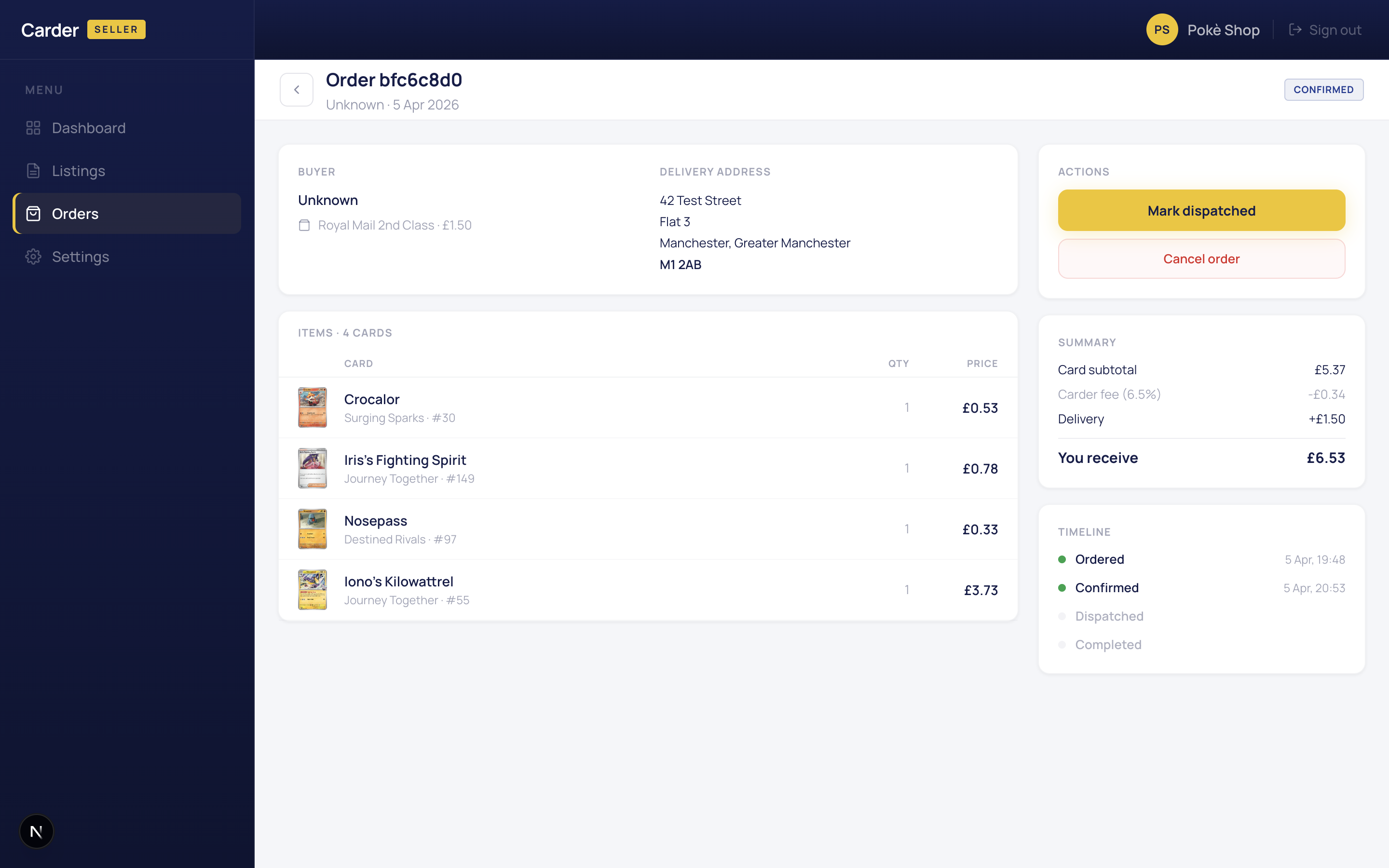 Order detail view with items and dispatch